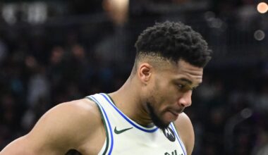 Milwaukee Bucks forward Giannis Antetokounmpo (34) reacts in the second quarter against the Minnesota Timberwolves at Fiserv Forum on Jan 13, 2026.
