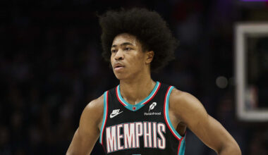 Feb 6, 2026; Portland, Oregon, USA; Memphis Grizzlies forward Jaylen Wells (0) stands during the first half against Portland Trail Blazers forward Toumani Camara (33) at Moda Center. Mandatory Credit: Troy Wayrynen-Imagn Images
