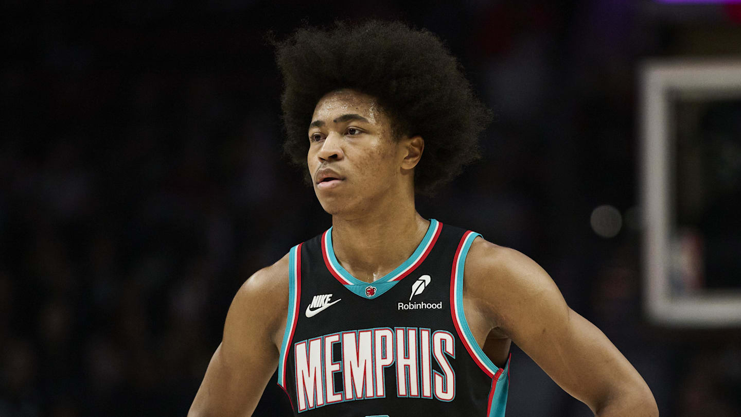 Feb 6, 2026; Portland, Oregon, USA; Memphis Grizzlies forward Jaylen Wells (0) stands during the first half against Portland Trail Blazers forward Toumani Camara (33) at Moda Center. Mandatory Credit: Troy Wayrynen-Imagn Images