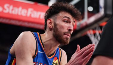 Mar 4, 2026; New York, New York, USA; Oklahoma City Thunder center Chet Holmgren (7) reacts after a call during the second half against the New York Knicks at Madison Square Garden. Mandatory Credit: Vincent Carchietta-Imagn Images