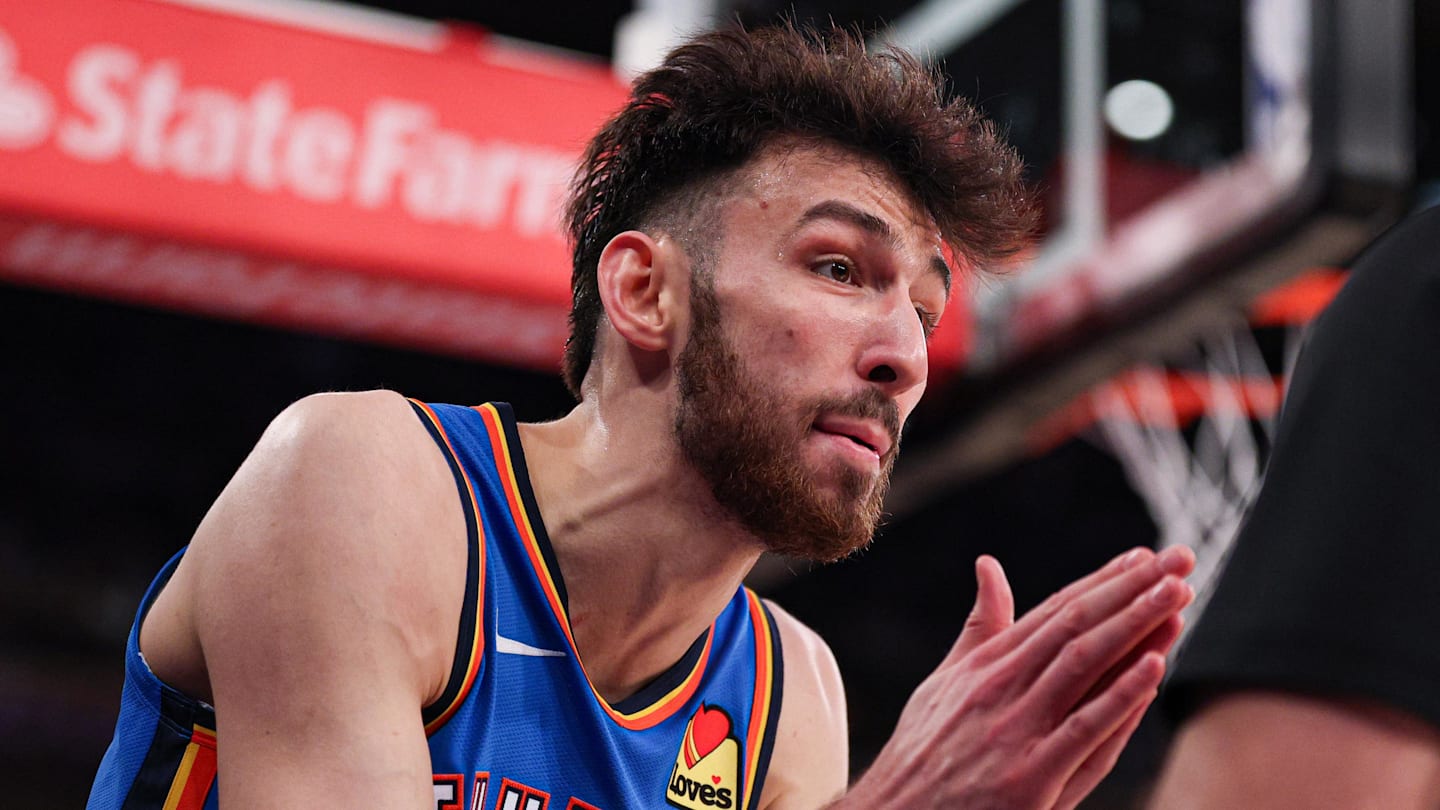 Mar 4, 2026; New York, New York, USA; Oklahoma City Thunder center Chet Holmgren (7) reacts after a call during the second half against the New York Knicks at Madison Square Garden. Mandatory Credit: Vincent Carchietta-Imagn Images