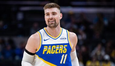 Indiana Pacers center Micah Potter (11) celebrates a made basket in the first half against the Miami Heat at Gainbridge Fieldhouse.