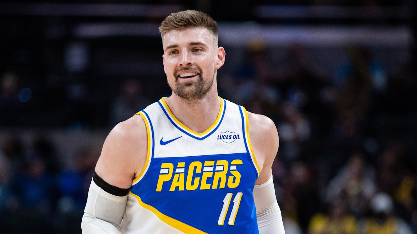 Indiana Pacers center Micah Potter (11) celebrates a made basket in the first half against the Miami Heat at Gainbridge Fieldhouse.