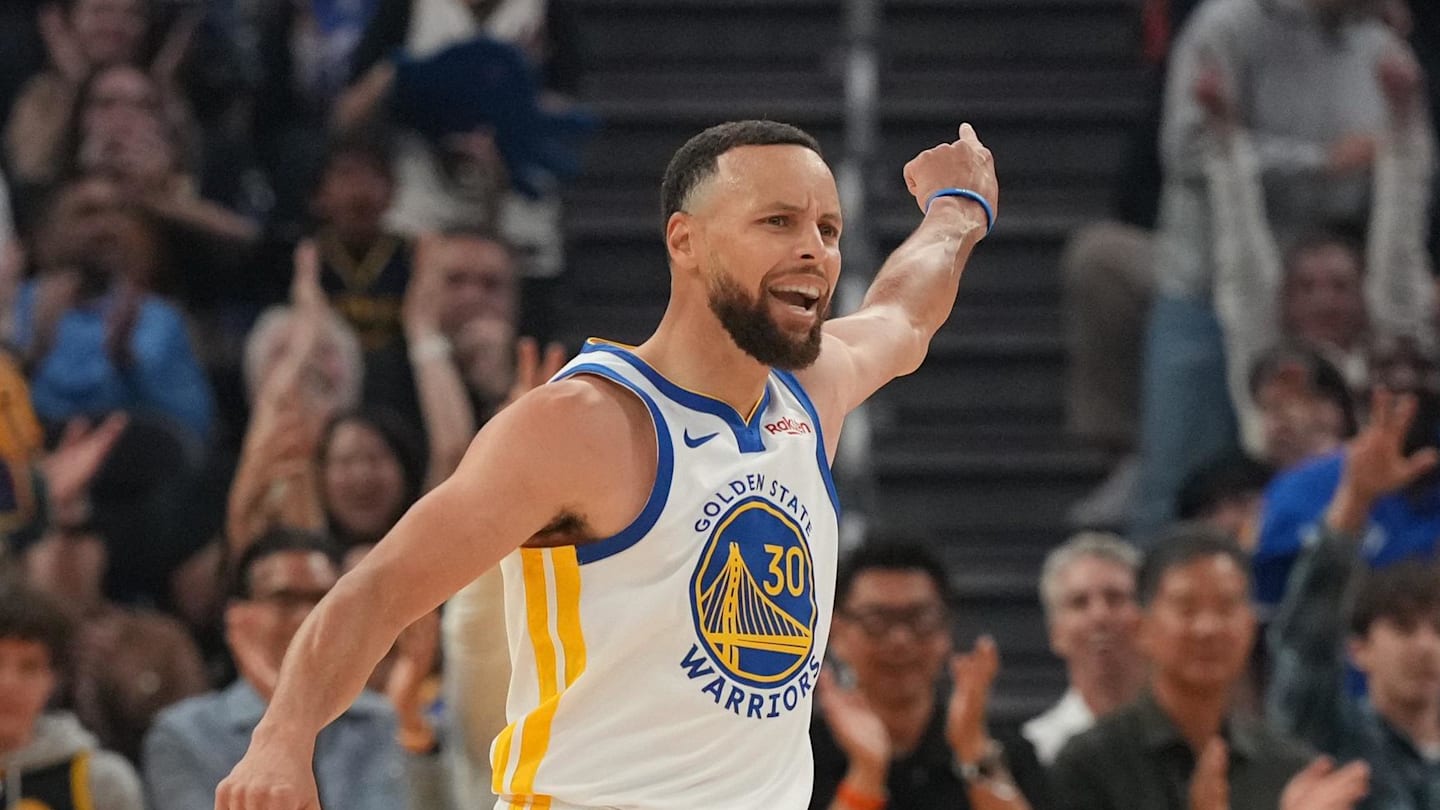 Apr 5, 2026; San Francisco, California, USA; Golden State Warriors guard Stephen Curry (30) reacts after making a three point basket against the Houston Rockets in the first quarter at the Chase Center. Mandatory Credit: Cary Edmondson-Imagn Images