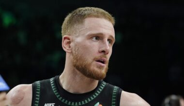 Mar 25, 2026; Minneapolis, Minnesota, USA; Minnesota Timberwolves guard Donte DiVincenzo (0) talks with a reporter after the game with the Houston Rockets at Target Center. Mandatory Credit: Bruce Kluckhohn-Imagn Images