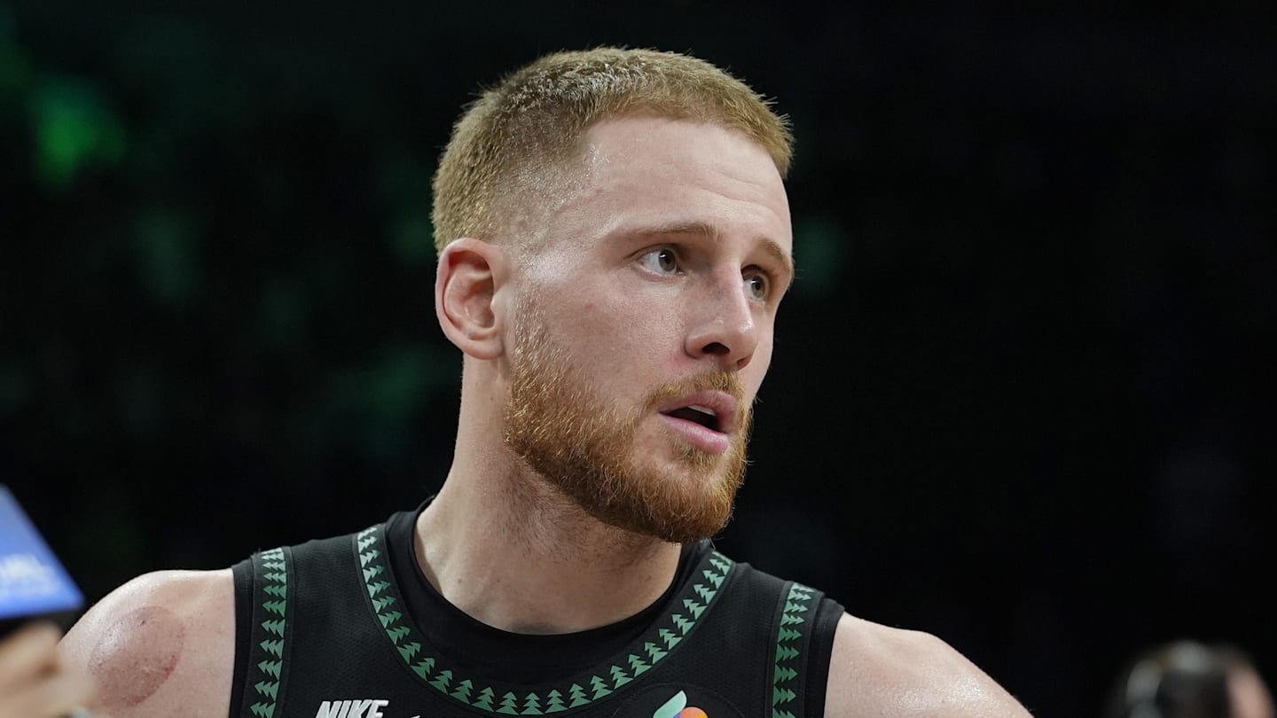 Mar 25, 2026; Minneapolis, Minnesota, USA; Minnesota Timberwolves guard Donte DiVincenzo (0) talks with a reporter after the game with the Houston Rockets at Target Center. Mandatory Credit: Bruce Kluckhohn-Imagn Images