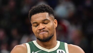 Milwaukee Bucks forward Giannis Antetokounmpo (34) reacts after missing a shot late in the fourth quarter against the Sacramento Kings at Fiserv Forum on November 1, 2025.