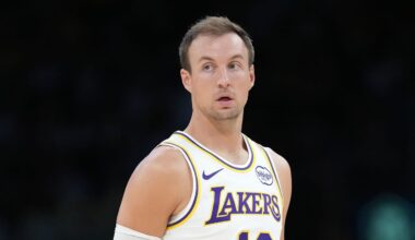 Mar 8, 2026; Los Angeles, California, USA; Los Angeles Lakers guard Luke Kennard (10) reacts against the New York Knicks in the second half at Crypto.com Arena. Mandatory Credit: Kirby Lee-Imagn Images