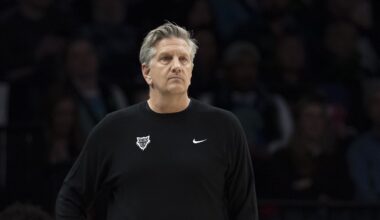 Feb 6, 2026; Minneapolis, Minnesota, USA; Minnesota Timberwolves head coach Chris Finch looks on against the New Orleans Pelicans in the second half at Target Center. Mandatory Credit: Jesse Johnson-Imagn Images