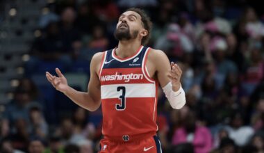 Mar 8, 2026; New Orleans, Louisiana, USA; Washington Wizards guard Trae Young (3) reacts after a three-point basket against the New Orleans Pelicans during the first half at Smoothie King Center. Mandatory Credit: Matthew Hinton-Imagn Images