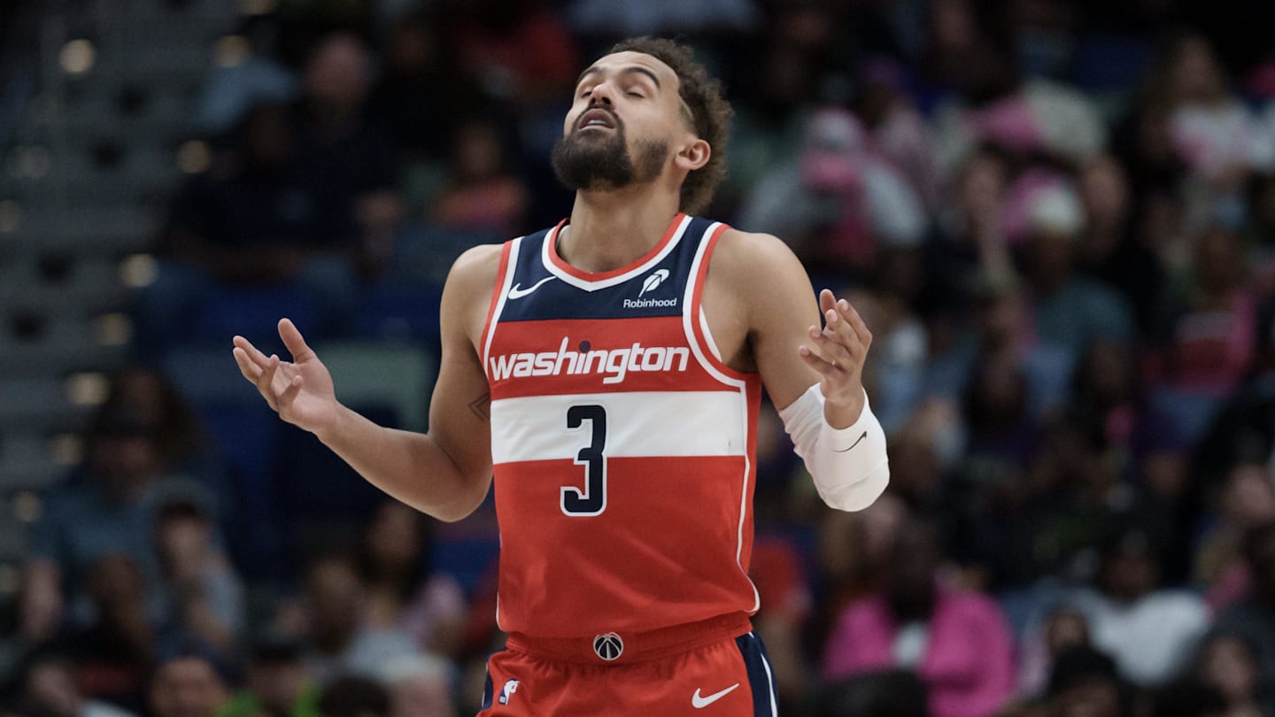 Mar 8, 2026; New Orleans, Louisiana, USA; Washington Wizards guard Trae Young (3) reacts after a three-point basket against the New Orleans Pelicans during the first half at Smoothie King Center. Mandatory Credit: Matthew Hinton-Imagn Images