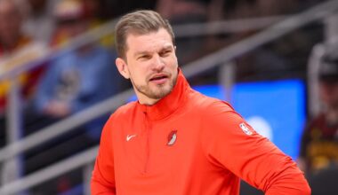 Mar 1, 2026; Atlanta, Georgia, USA; Portland Trail Blazers coach Tiago Splitter on the sideline against the Atlanta Hawks in the first quarter at State Farm Arena. Mandatory Credit: Brett Davis-Imagn Images