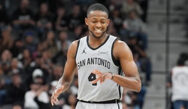 Mar 8, 2026; San Antonio, Texas, USA;  San Antonio Spurs guard De'aaron Fox (4) celebrates in the second half against the Houston Rockets at Frost Bank Center. Mandatory Credit: Daniel Dunn-Imagn Images