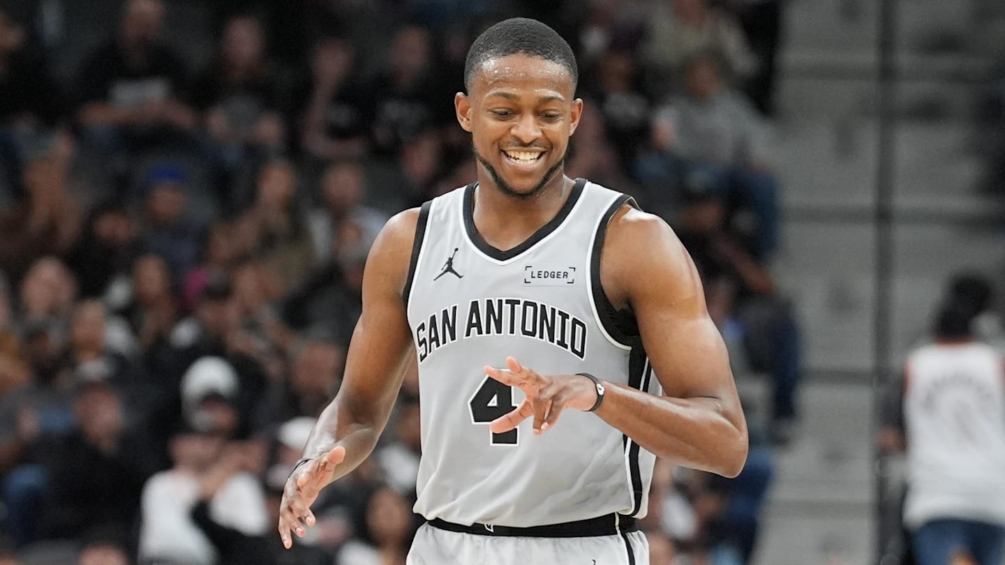 Mar 8, 2026; San Antonio, Texas, USA;  San Antonio Spurs guard De'aaron Fox (4) celebrates in the second half against the Houston Rockets at Frost Bank Center. Mandatory Credit: Daniel Dunn-Imagn Images