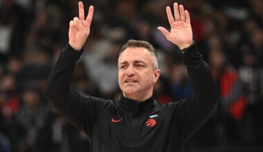 Apr 1, 2026; Toronto, Ontario, CAN;  Toronto Raptors head coach Darko Rajakovic gestures as he directs his players against the Sacramento Kings in the first half at Scotiabank Arena. Mandatory Credit: Dan Hamilton-Imagn Images