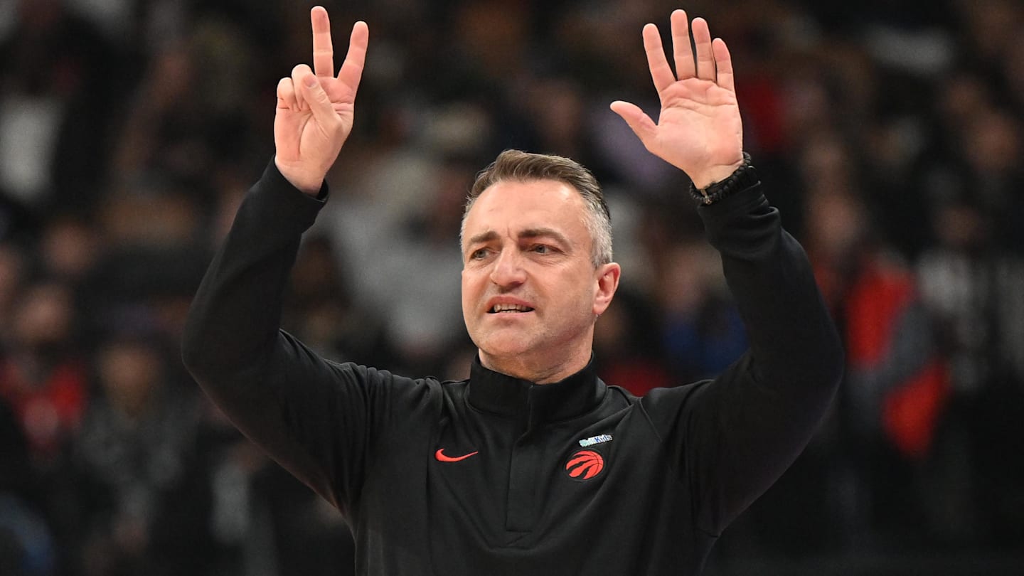 Apr 1, 2026; Toronto, Ontario, CAN;  Toronto Raptors head coach Darko Rajakovic gestures as he directs his players against the Sacramento Kings in the first half at Scotiabank Arena. Mandatory Credit: Dan Hamilton-Imagn Images