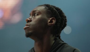 Feb 7, 2026; Portland, Oregon, USA; Portland Trail Blazers guard Sidy Cissoko (91) looks on during warmups before the game against the Memphis Grizzlies at Moda Center. Mandatory Credit: Soobum Im-Imagn Images