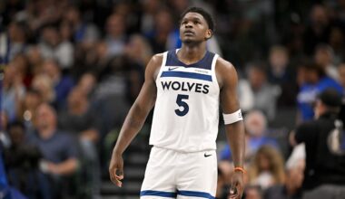 Mar 30, 2026; Dallas, Texas, USA; Minnesota Timberwolves guard Anthony Edwards (5) comes back on the court during the second quarter against the Dallas Mavericks at the American Airlines Center. Mandatory Credit: Jerome Miron-Imagn Images