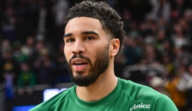 Apr 3, 2026; Milwaukee, Wisconsin, USA; Milwaukee Bucks forward Giannis Antetokounmpo (34) greets Boston Celtics forward Jayson Tatum (0) after the game at Fiserv Forum. Mandatory Credit: Benny Sieu-Imagn Images
