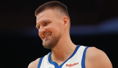 Apr 5, 2026; San Francisco, California, USA; Golden State Warriors forward Kristaps Porzingis (7) smiles during a break in the action against the Houston Rockets in the second quarter at the Chase Center. Mandatory Credit: Cary Edmondson-Imagn Images