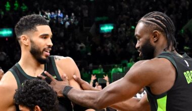 Nov 16, 2024; Boston, Massachusetts, USA; Boston Celtics forward Jayson Tatum (0) celebrates with guard Jaylen Brown (7) after making the game wining basket against the Toronto Raptors in overtime at the TD Garden. Mandatory Credit: Brian Fluharty-Imagn Images