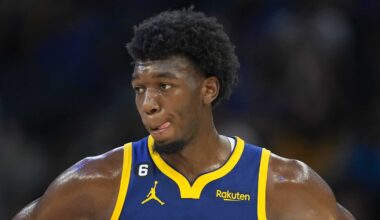 Oct 23, 2022; San Francisco, California, USA; Golden State Warriors center James Wiseman (33) during the second quarter against the Sacramento Kings at Chase Center. Mandatory Credit: Darren Yamashita-Imagn Images