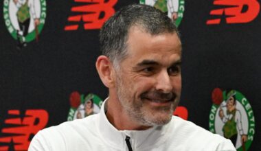 Sep 25, 2025; Boston, MA, USA;  Boston Celtics lead owner and governor Bill Chisholm (l) shakes hands with co-owner, alternate governor and CEO Wyc Grousbeck (r) during a press conference at the Auerbach Center. Mandatory Credit: Eric Canha-Imagn Images