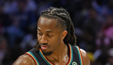 Apr 4, 2026; Philadelphia, Pennsylvania, USA; Detroit Pistons forward Tobias Harris (12) and guard Daniss Jenkins (24) celebrate: Eric Hartline-Imagn Images