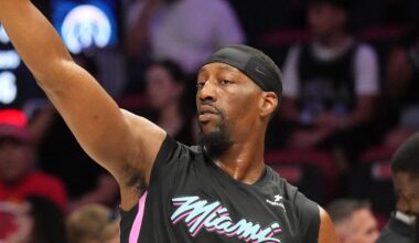 Miami Heat center Bam Adebayo (13) warms-up  (Mandatory Credit: Jim Rassol-Imagn Images)
