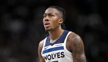 Mar 30, 2026; Dallas, Texas, USA; Minnesota Timberwolves guard Ayo Dosunmu (13) looks on during the second half against the Dallas Mavericks at the American Airlines Center. Mandatory Credit: Jerome Miron-Imagn Images