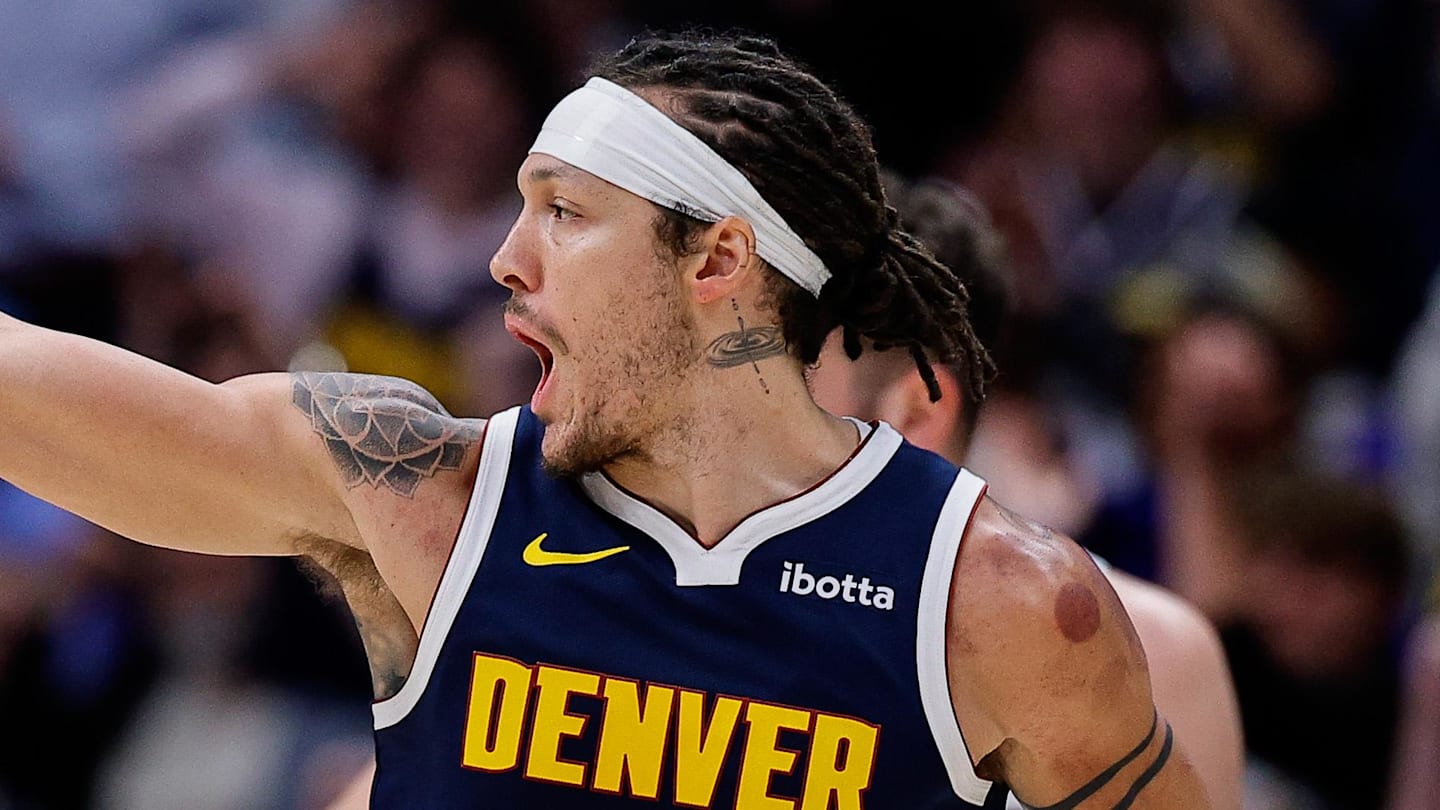 Apr 6, 2026; Denver, Colorado, USA; Denver Nuggets forward Aaron Gordon (32) reacts after a play in overtime against the Portland Trail Blazers at Ball Arena. Mandatory Credit: Isaiah J. Downing-Imagn Images