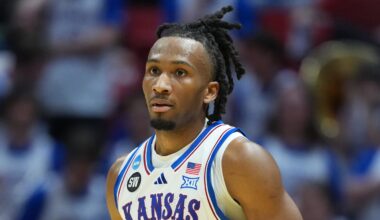 Kansas Jayhawks guard Darryn Peterson (22) looks on in the first half against the California Baptist Lancers during a first round game of the men's 2026 NCAA Tournament at Viejas Arena.