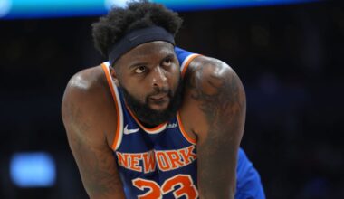 Mar 3, 2026; Toronto, Ontario, CAN; New York Knicks center Mitchell Robinson (23) during a break in the action against the Toronto Raptors during the second half at Scotiabank Arena. Mandatory Credit: John E. Sokolowski-Imagn Images
