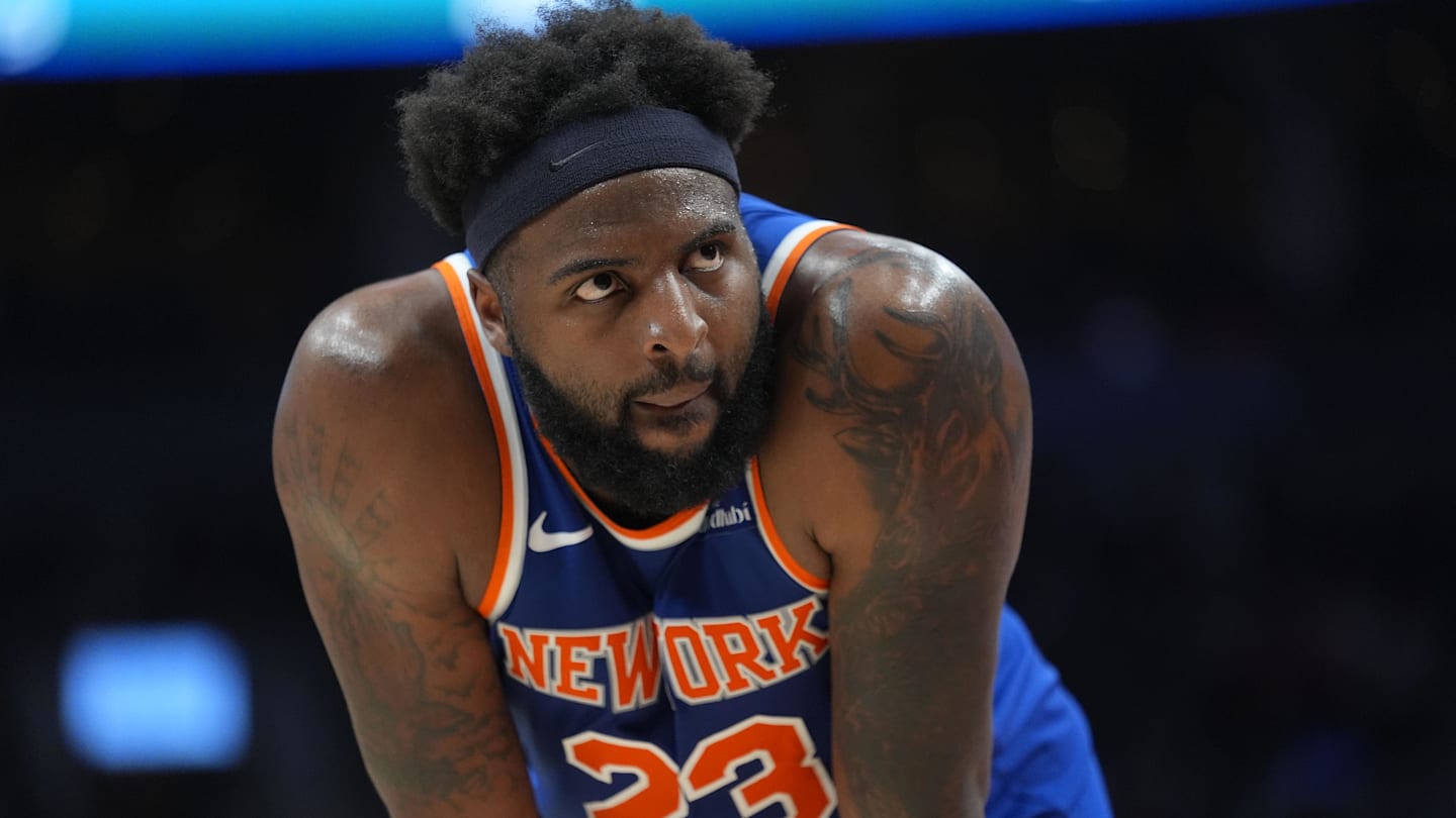 Mar 3, 2026; Toronto, Ontario, CAN; New York Knicks center Mitchell Robinson (23) during a break in the action against the Toronto Raptors during the second half at Scotiabank Arena. Mandatory Credit: John E. Sokolowski-Imagn Images