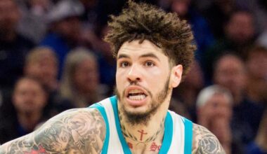 Apr 5, 2026; Minneapolis, Minnesota, USA; Charlotte Hornets guard LaMelo Ball (1) drives by Minnesota Timberwolves center Naz Reid (11) in the fourth quarter at Target Center. Mandatory Credit: Matt Blewett-Imagn Images