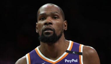 Mar 26, 2025; Phoenix, Arizona, USA; Phoenix Suns forward Kevin Durant (35) looks on against the Boston Celtics during the second half at Footprint Center. Mandatory Credit: Rick Scuteri-Imagn Images