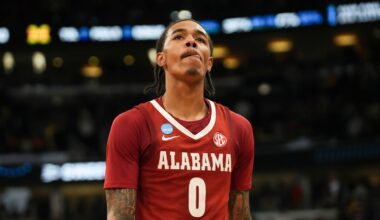 Mar 27, 2026; Chicago, IL, USA; Alabama Crimson Tide guard Labaron Philon Jr. (0) looks on after a Sweet Sixteen game of the Midwest Regional of the men's 2026 NCAA Tournament against the Michigan Wolverines at United Center. Mandatory Credit: David Banks-Imagn Images
