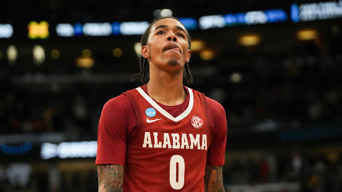 Mar 27, 2026; Chicago, IL, USA; Alabama Crimson Tide guard Labaron Philon Jr. (0) looks on after a Sweet Sixteen game of the Midwest Regional of the men's 2026 NCAA Tournament against the Michigan Wolverines at United Center. Mandatory Credit: David Banks-Imagn Images