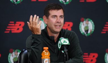 Sep 29, 2025; Boston, MA, USA; Boston Celtics president of basketball operations Brad Stevens talks to reporters during media day at the Auerbach Center. Mandatory Credit: David Butler II-Imagn Images