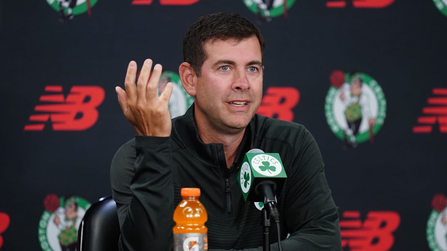 Sep 29, 2025; Boston, MA, USA; Boston Celtics president of basketball operations Brad Stevens talks to reporters during media day at the Auerbach Center. Mandatory Credit: David Butler II-Imagn Images