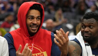 Apr 3, 2026; Sacramento, California, USA; New Orleans Pelicans guard Jordan Poole (center) talks with guard Dejounte Murray (left) and forward Zion Williamson (right) during the third quarter against the Sacramento Kings at Golden 1 Center. Mandatory Credit: Darren Yamashita-Imagn Images
