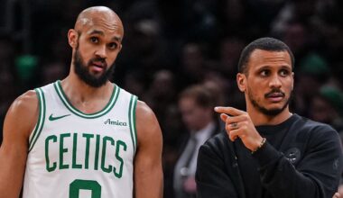 Apr 7, 2026; Boston, Massachusetts, USA; Boston Celtics head coach Joe Mazzulla with guard Derrick White (9) from the sideline as they take on the Charlotte Hornets at TD Garden. Mandatory Credit: David Butler II-Imagn Images