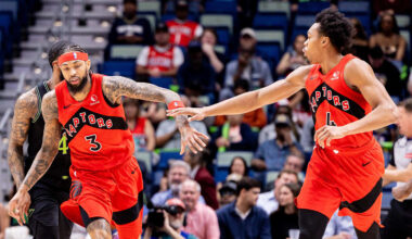 Mar 11, 2026; New Orleans, Louisiana, USA;  Toronto Raptors forward/guard Scottie Barnes (4) and forward Brandon Ingram (3) slap hands after a play against the New Orleans Pelicans during the first half at Smoothie King Center. Mandatory Credit: Stephen Lew-Imagn Images