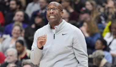 Jan 28, 2026; Toronto, Ontario, CAN; New York Knicks head coach Mike Brown calls out to a referree about a missed call against the Toronto Raptors during the second half at Scotiabank Arena. Mandatory Credit: John E. Sokolowski-Imagn Images