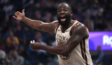 Jan 30, 2026; San Francisco, California, USA; Golden State Warriors forward Draymond Green (23) reacts after the Warriors committed a turnover against the Detroit Pistons in the first quarter at the Chase Center. Mandatory Credit: Cary Edmondson-Imagn Images
