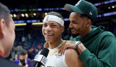 Feb 9, 2026; New Orleans, Louisiana, USA; New Orleans Pelicans guard Dejounte Murray hugs New Orleans Pelicans guard Jeremiah Fears (0) after the game against the Sacramento Kings at Smoothie King Center. Mandatory Credit: Matthew Hinton-Imagn Images