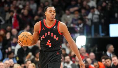 Feb 21, 2025; Toronto, Ontario, CAN;  Toronto Raptors forward Scottie Barnes (4) moves the ball against the Miami Heat at Scotiabank Arena. Mandatory Credit: Kevin Sousa-Imagn Images