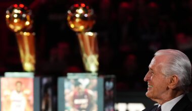 Miami Heat president Pat Riley sits on the court  (Mandatory Credit: Jasen Vinlove-Imagn Images)