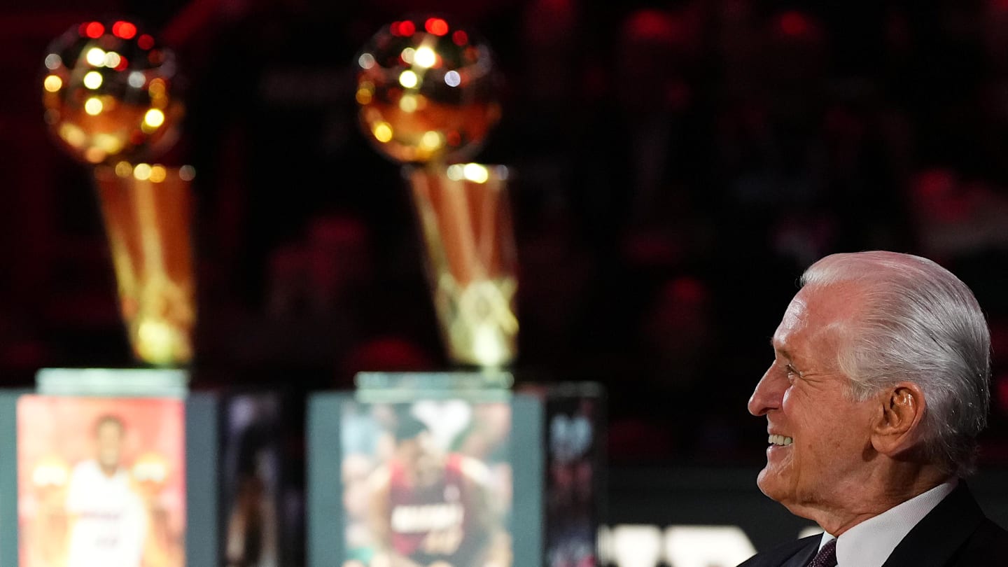 Miami Heat president Pat Riley sits on the court  (Mandatory Credit: Jasen Vinlove-Imagn Images)