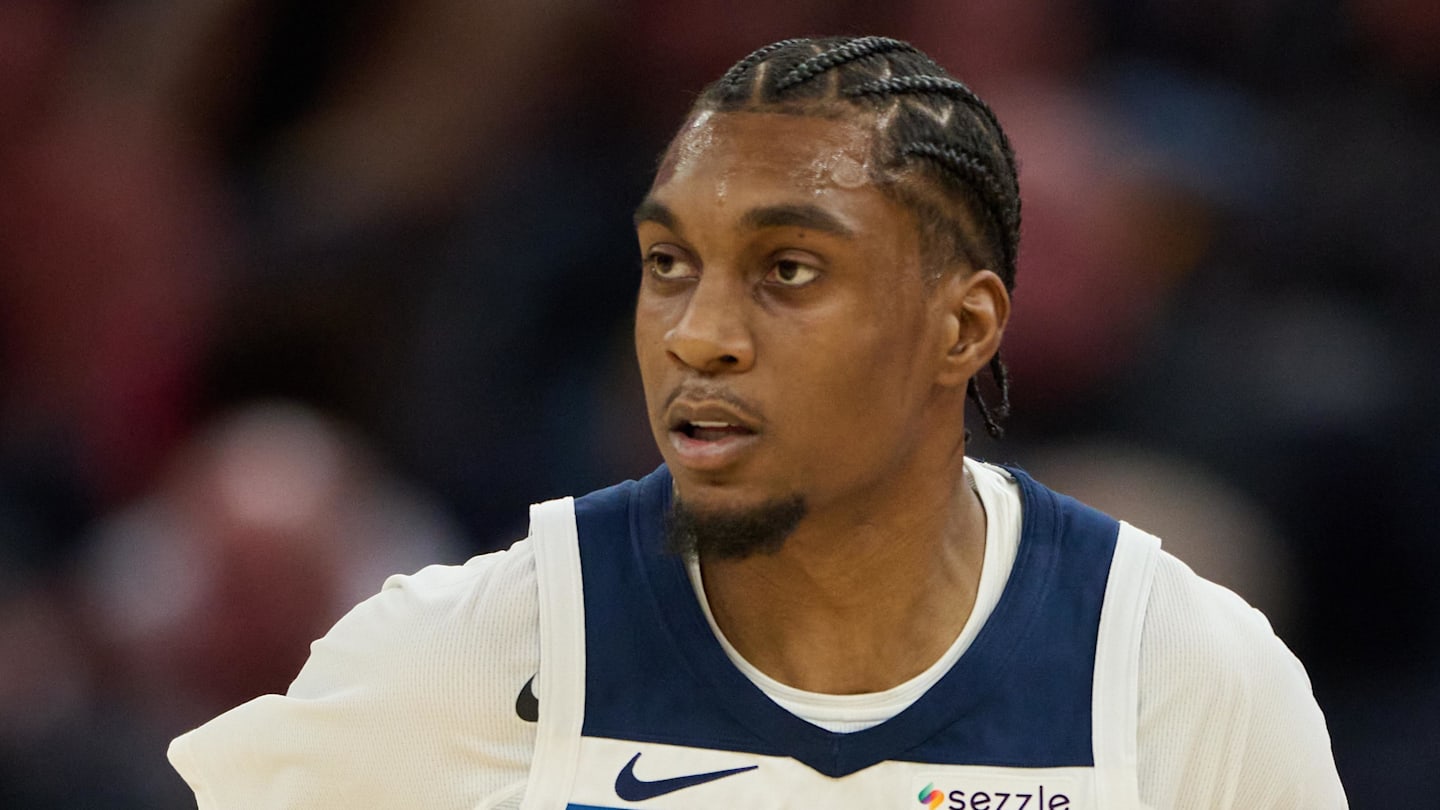 Dec 12, 2025; San Francisco, California, USA; Minnesota Timberwolves forward Jaden McDaniels (3) runs back on defense against the Golden State Warriors during the third quarter at Chase Center. Mandatory Credit: Robert Edwards-Imagn Images